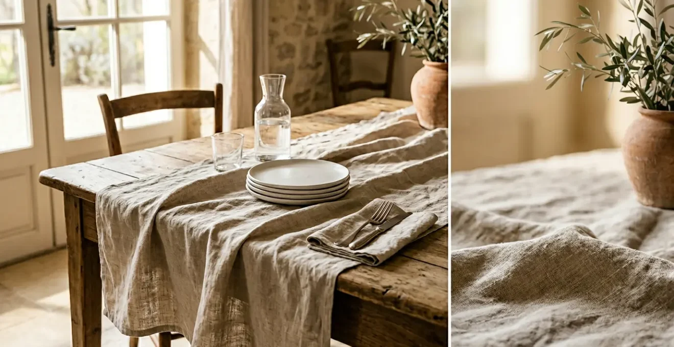 Nappe en lin lavé naturel drapée sur une table avec un tombé élégant et un aspect froissé chic