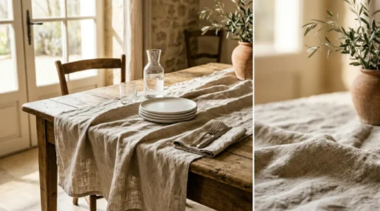 Nappe en lin lavé naturel drapée sur une table avec un tombé élégant et un aspect froissé chic