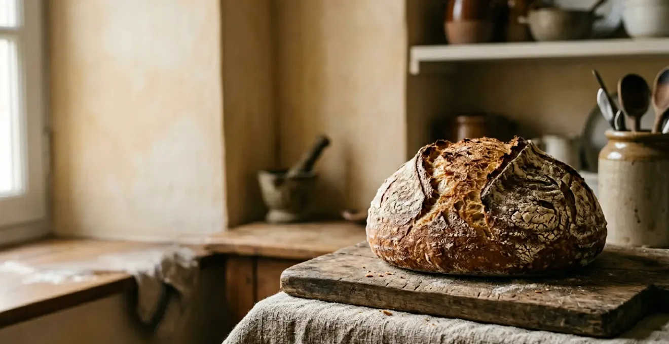 Pain de campagne rustique au levain naturel avec croûte dorée et croustillante posé sur une surface en bois