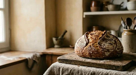 Pain de campagne rustique au levain naturel avec croûte dorée et croustillante posé sur une surface en bois
