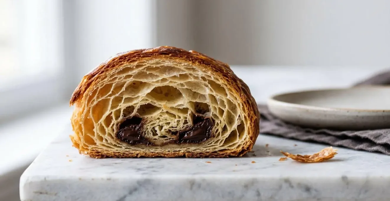 Viennoiserie feuilletée artisanale avec barres de chocolat fondant, sur fond neutre minimaliste
