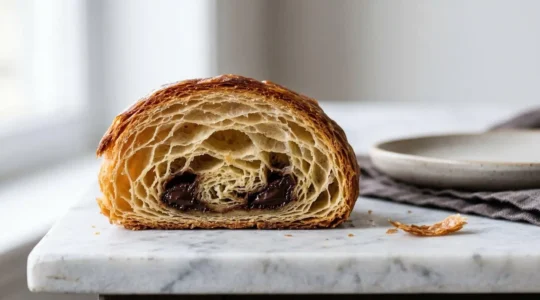 Viennoiserie feuilletée artisanale avec barres de chocolat fondant, sur fond neutre minimaliste