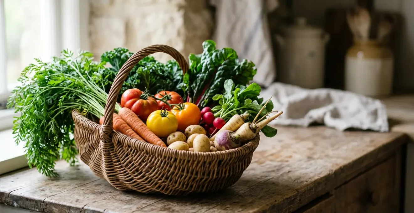Panier en osier rempli de légumes frais et colorés du marché sur un comptoir en bois