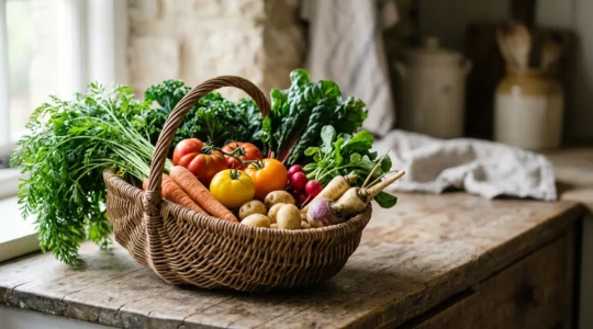 Panier en osier rempli de légumes frais et colorés du marché sur un comptoir en bois
