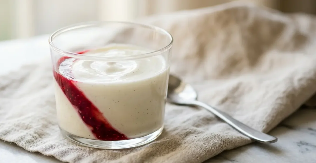 Panna cotta onctueuse à l'agar-agar servie dans une verrine élégante avec un léger tremblement délicat et un coulis de fruits rouges