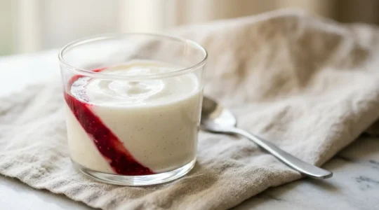 Panna cotta onctueuse à l'agar-agar servie dans une verrine élégante avec un léger tremblement délicat et un coulis de fruits rouges