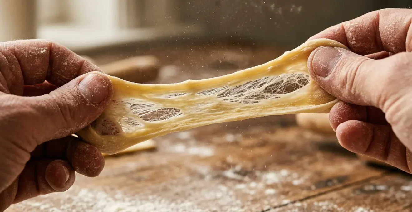 Pâte à pâtes fraîches élastique en cours de préparation sur plan de travail fariné
