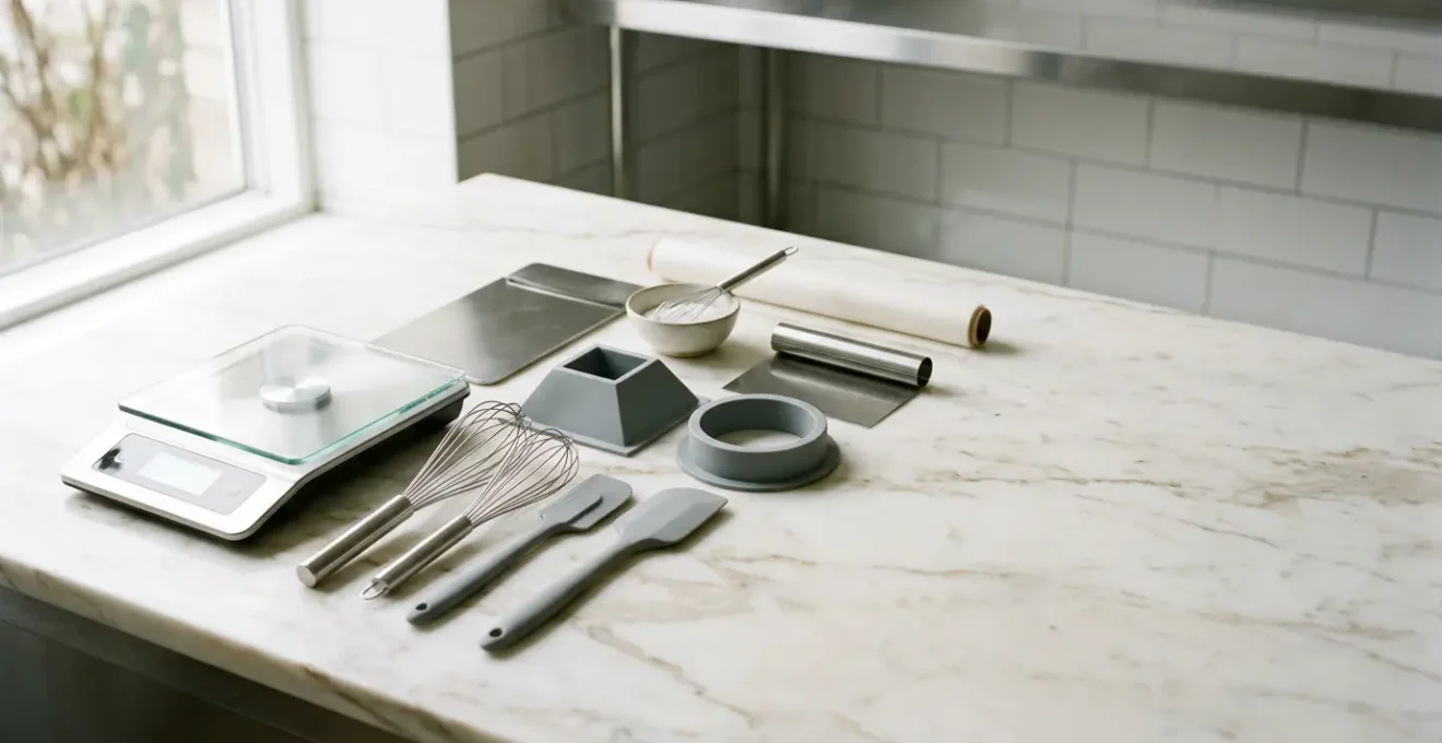 Atelier de pâtisserie fine avec ustensiles de précision disposés sur plan de travail en marbre