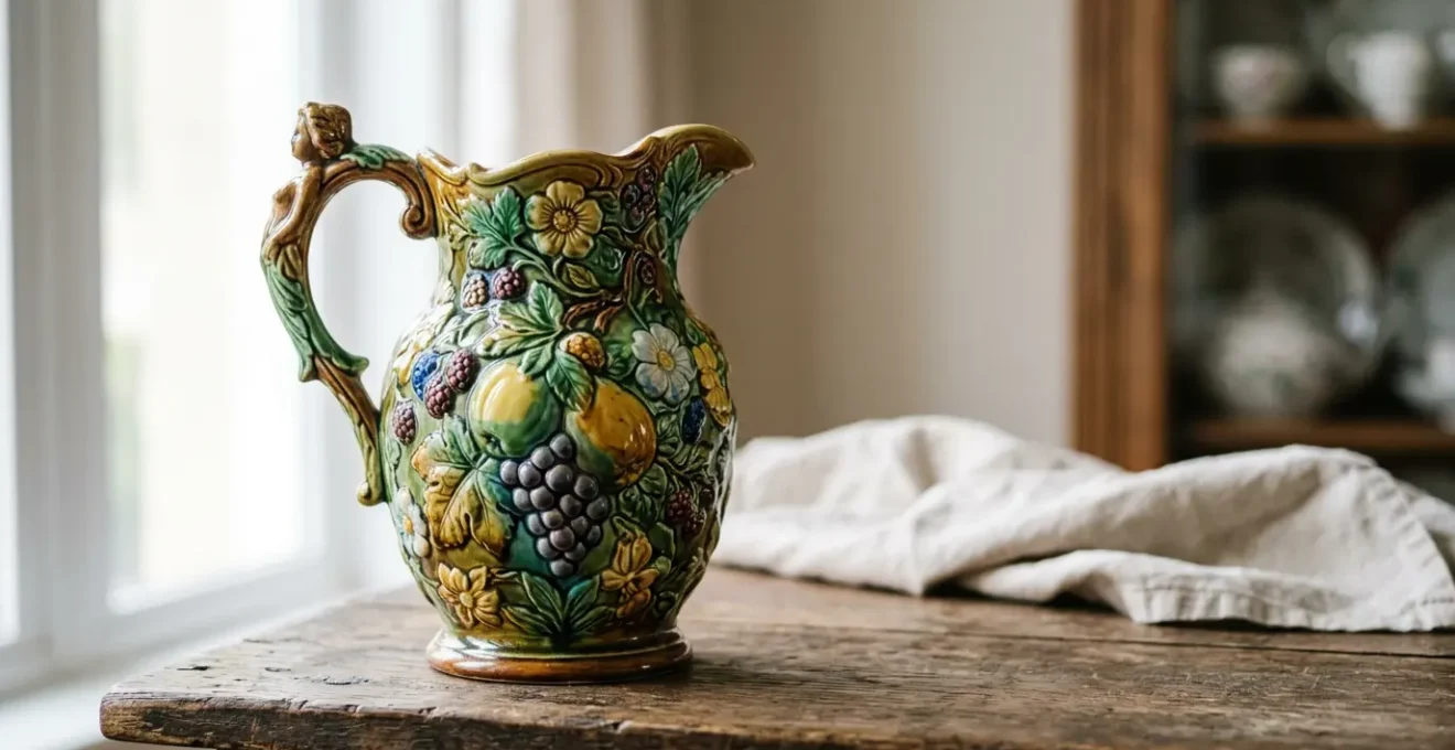 Pichet sculpté en barbotine ancienne avec décors en relief de fleurs et feuillages aux couleurs vives