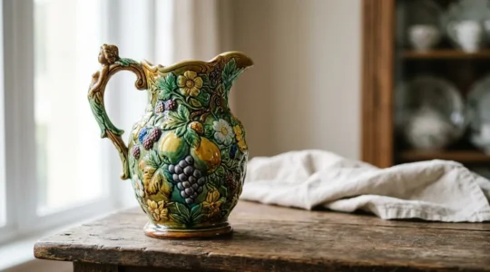 Pichet sculpté en barbotine ancienne avec décors en relief de fleurs et feuillages aux couleurs vives