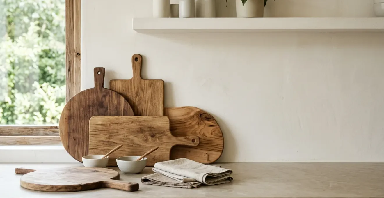 Plats de service en bois disposés dans une cuisine naturelle avec ustensiles d'entretien
