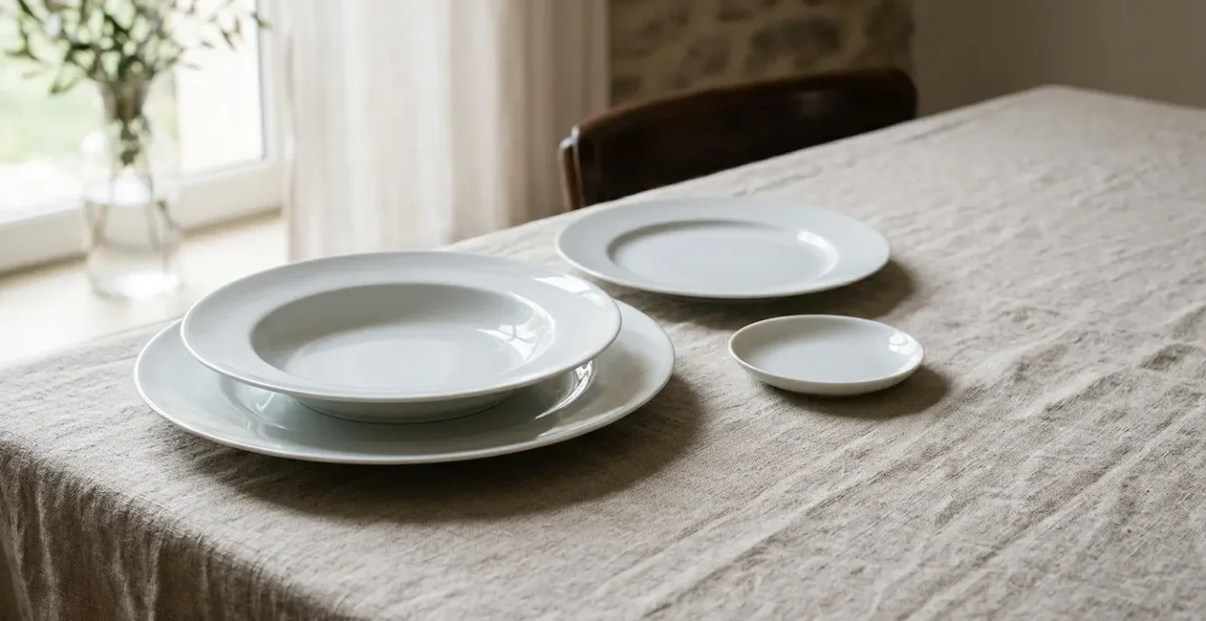 Service d'assiettes en porcelaine de Limoges blanc immaculé sur table élégante illustrant un investissement durable