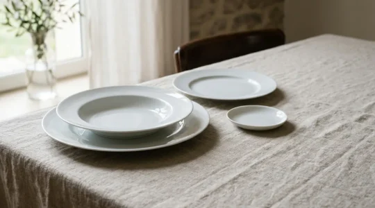 Service d'assiettes en porcelaine de Limoges blanc immaculé sur table élégante illustrant un investissement durable