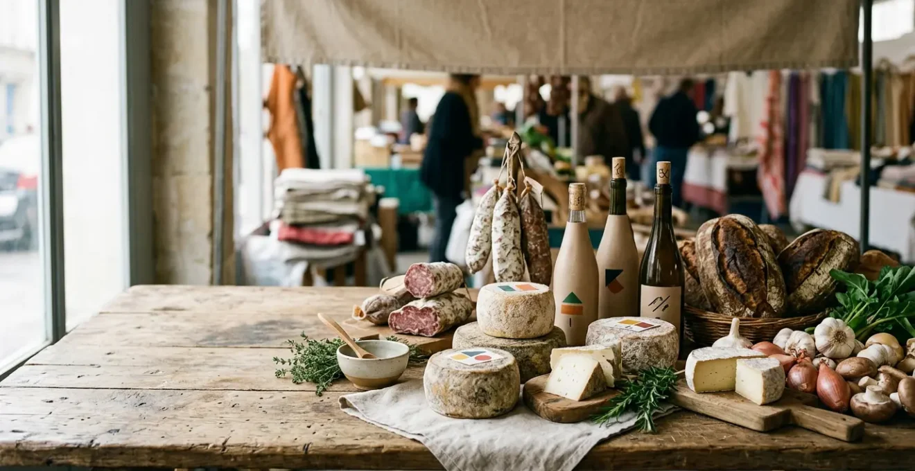 Produits artisanaux du terroir français avec labels de qualité AOC et AOP disposés sur une surface rustique