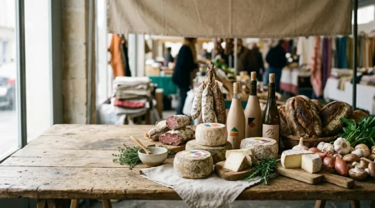 Produits artisanaux du terroir français avec labels de qualité AOC et AOP disposés sur une surface rustique