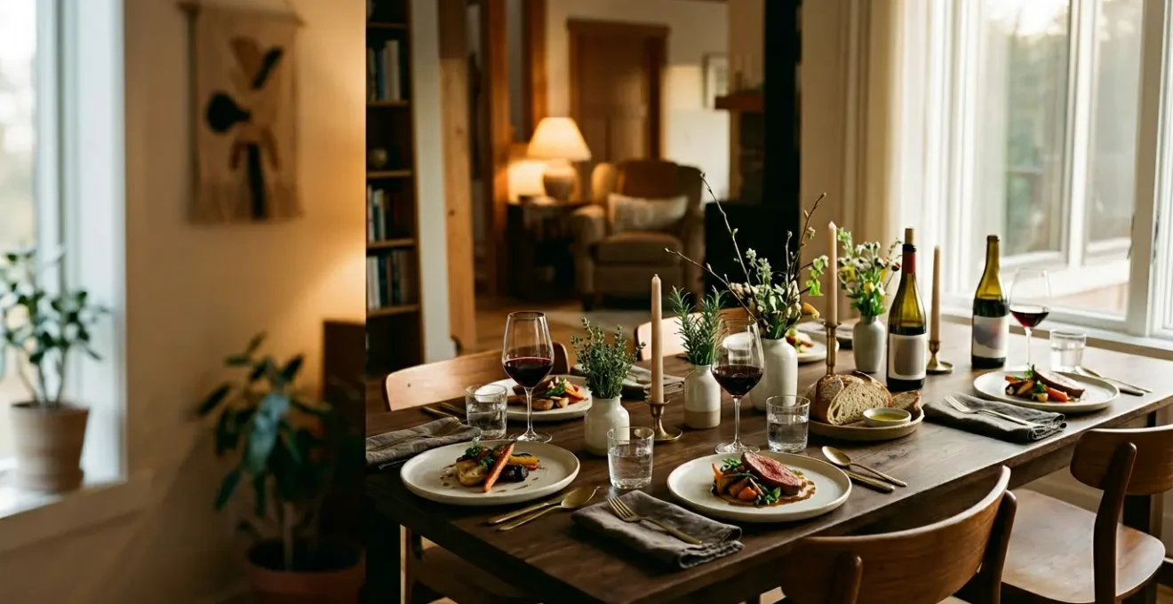 Table élégamment dressée avec plats gastronomiques fait maison et éléments de décoration raffinés