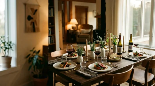 Table élégamment dressée avec plats gastronomiques fait maison et éléments de décoration raffinés