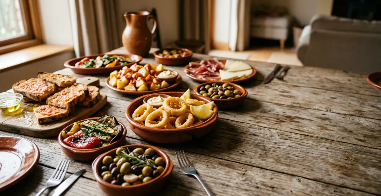Plateau de tapas variés disposés sur une table en bois pour une soirée conviviale