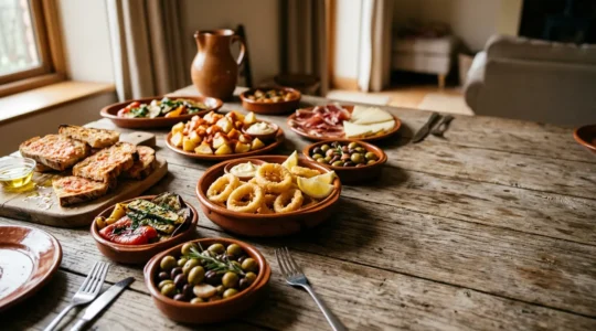 Plateau de tapas variés disposés sur une table en bois pour une soirée conviviale