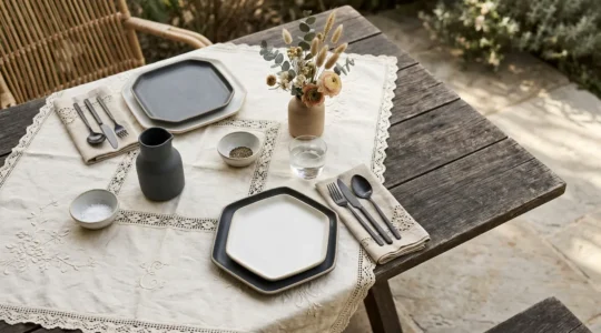 Table élégamment dressée mélangeant linge brodé ancien et vaisselle moderne dans une harmonie raffinée