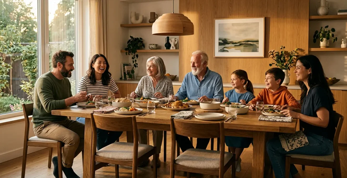Table de salle à manger avec chaises ergonomiques lors d'un dîner convivial dans un intérieur chaleureux