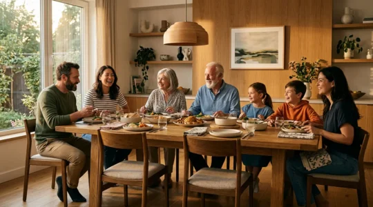 Table de salle à manger avec chaises ergonomiques lors d'un dîner convivial dans un intérieur chaleureux