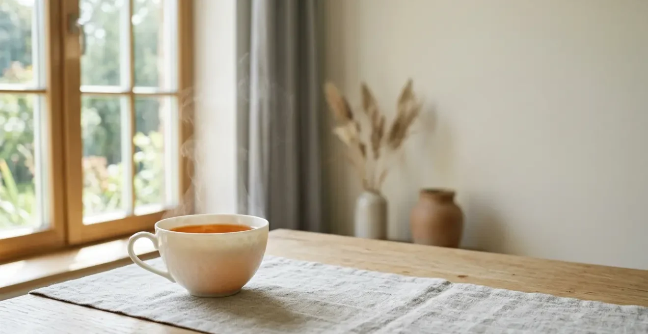 Tasse en porcelaine fine translucide remplie de thé fumant dans une lumière douce et naturelle
