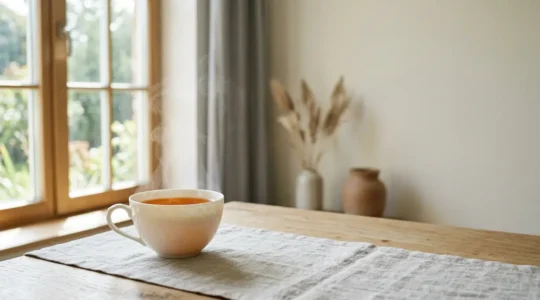 Tasse en porcelaine fine translucide remplie de thé fumant dans une lumière douce et naturelle