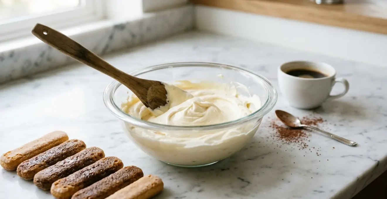 Préparation de tiramisu avec mascarpone onctueux et biscuits imbibés, montrant la texture crémeuse parfaite