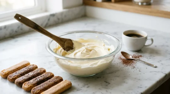 Préparation de tiramisu avec mascarpone onctueux et biscuits imbibés, montrant la texture crémeuse parfaite