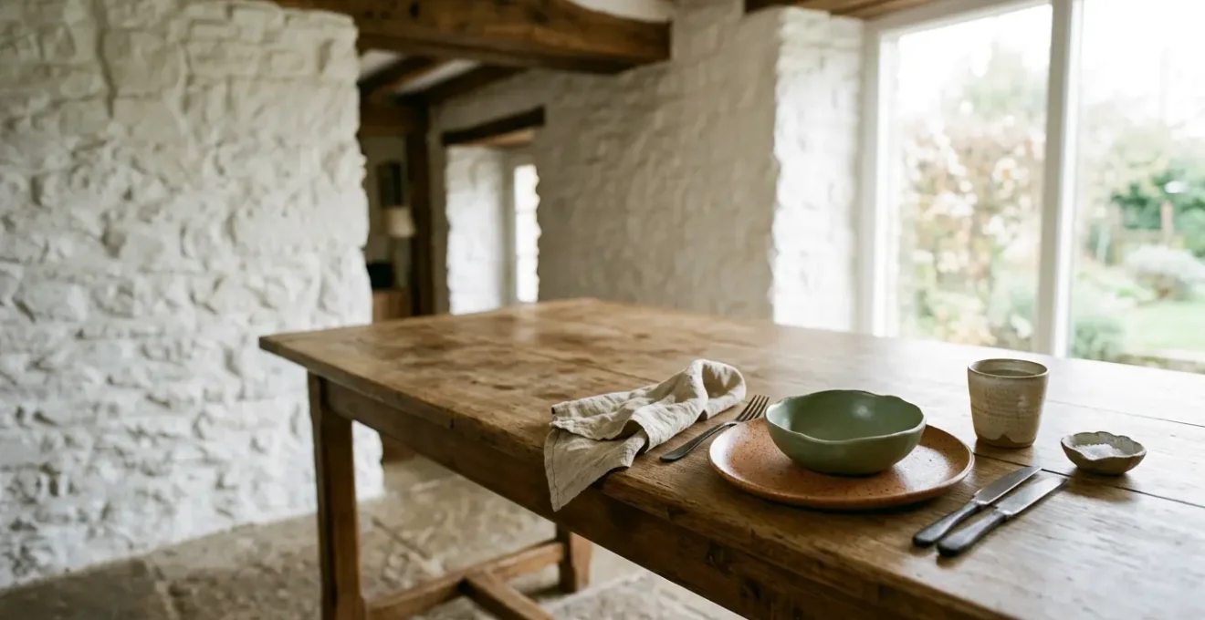 Table de salle à manger rustique sublimée par une vaisselle design contemporaine
