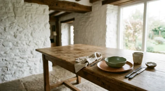 Table de salle à manger rustique sublimée par une vaisselle design contemporaine