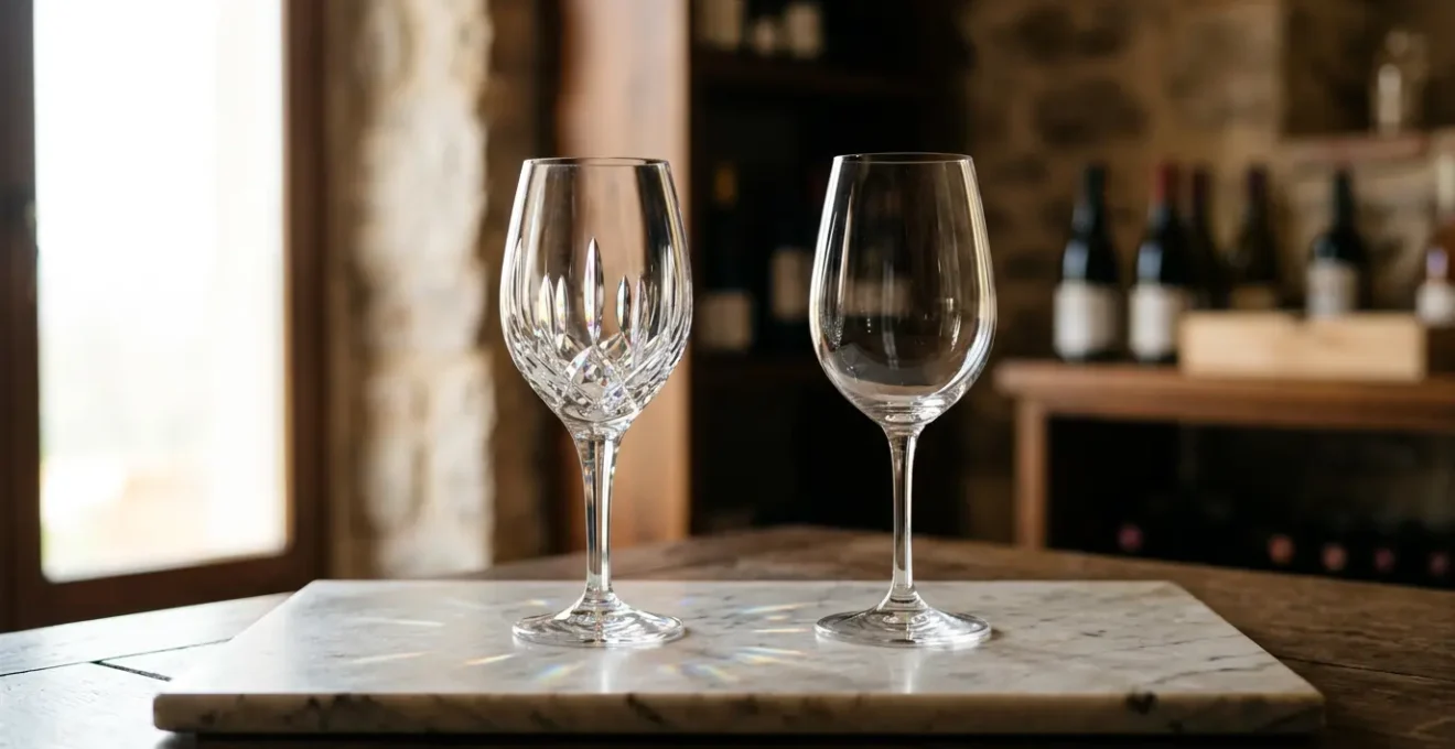 Gros plan sur des verres à vin en cristal et en verre sur une table élégante avec une lumière naturelle