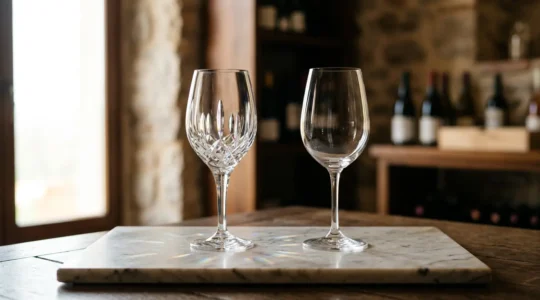 Gros plan sur des verres à vin en cristal et en verre sur une table élégante avec une lumière naturelle