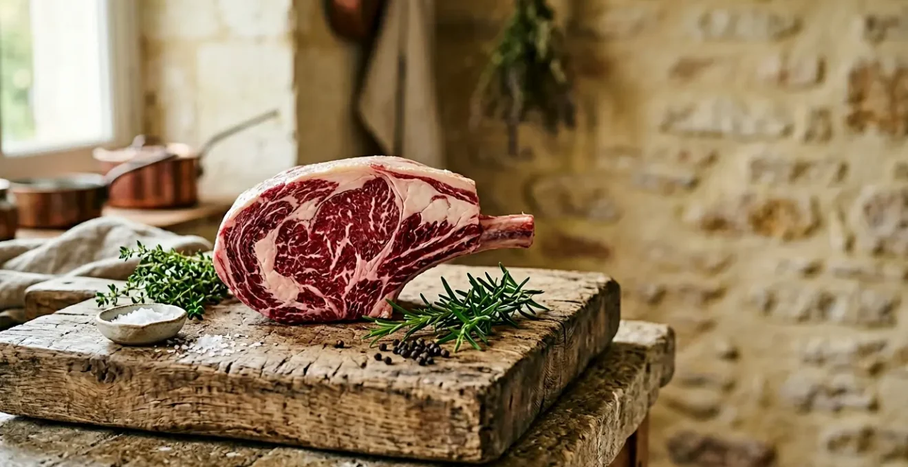 Pièce de viande fermière Label Rouge sur planche en bois avec herbes aromatiques fraîches