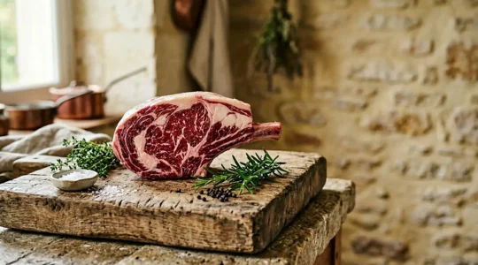 Pièce de viande fermière Label Rouge sur planche en bois avec herbes aromatiques fraîches