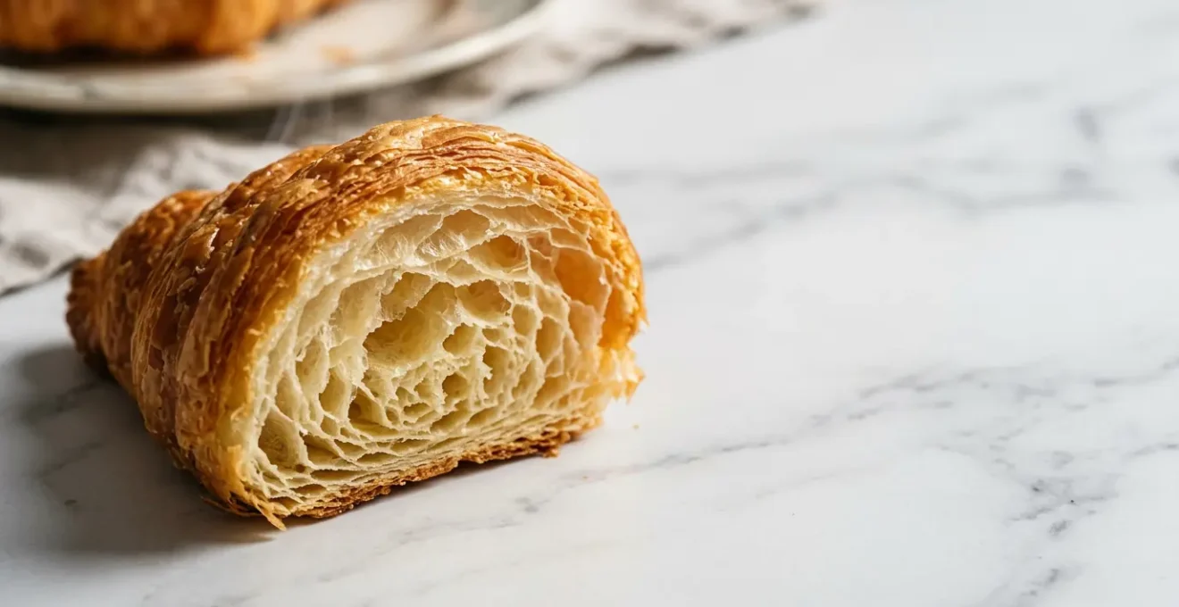 Croissants dorés en pâte levée feuilletée avec structure alvéolée visible sur plan de travail