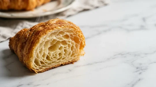 Croissants dorés en pâte levée feuilletée avec structure alvéolée visible sur plan de travail