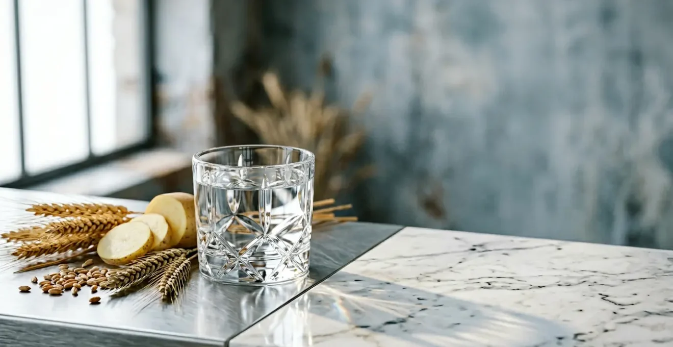 Bouteille de vodka premium dans un verre en cristal avec reflets lumineux, composition épurée sur fond minimaliste