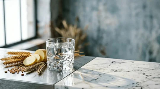 Bouteille de vodka premium dans un verre en cristal avec reflets lumineux, composition épurée sur fond minimaliste