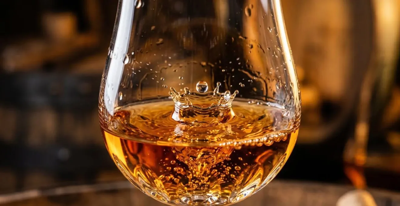 Gros plan macro sur des gouttes d'eau tombant dans un verre de whisky ambré, capturant la libération des arômes