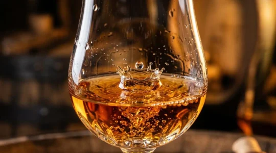Gros plan macro sur des gouttes d'eau tombant dans un verre de whisky ambré, capturant la libération des arômes