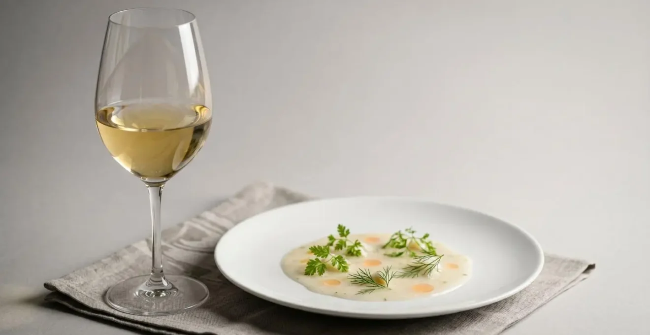 Mise en scène élégante d'un verre de vin blanc léger accompagnant un plat de cuisine française moderne et allégée