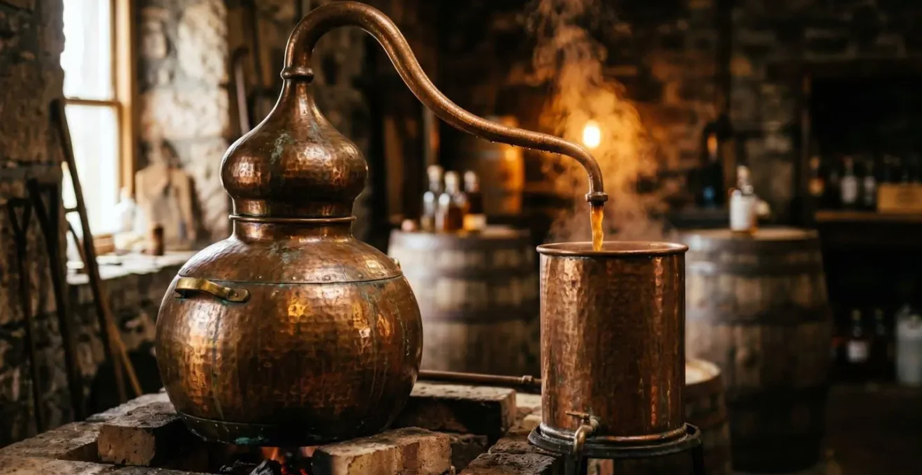 Alambic traditionnel en cuivre utilisé pour la distillation artisanale du gin français