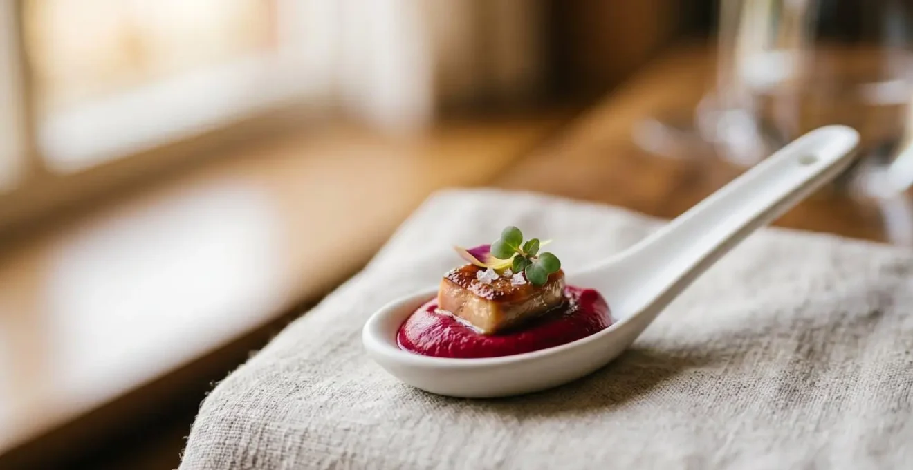 Amuse-bouche élégant avec une micro-portion d'ingrédient noble subtilement intégrée dans une composition créative