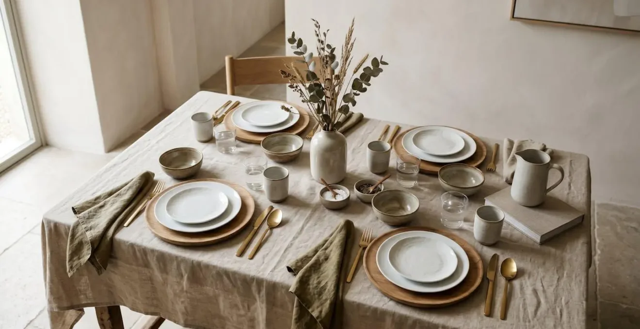 Mise en scène d'une table avec assiettes blanches en porcelaine, textiles naturels et éléments dépareillés créant une atmosphère raffinée