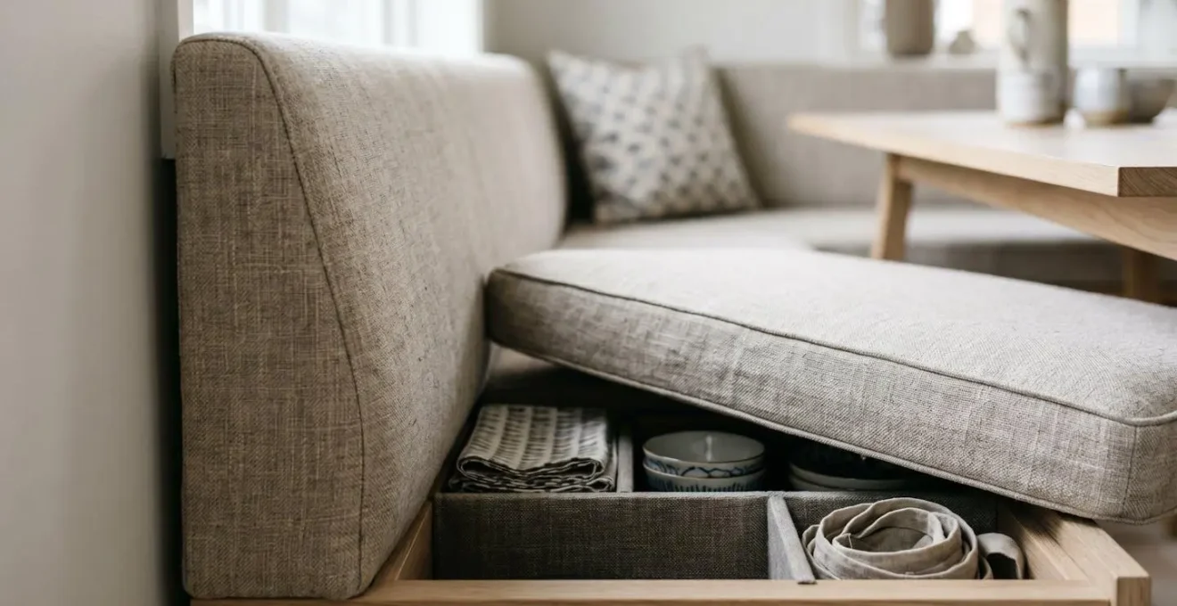 Vue rapprochée d'une banquette de cuisine ergonomique avec dossier légèrement incliné et compartiment de rangement