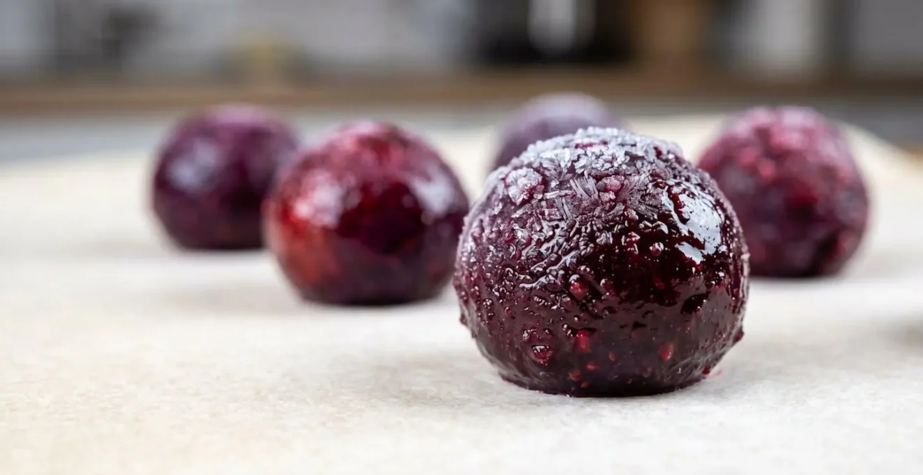 Billes de confiture solidifiées sur une plaque recouverte de papier cuisson