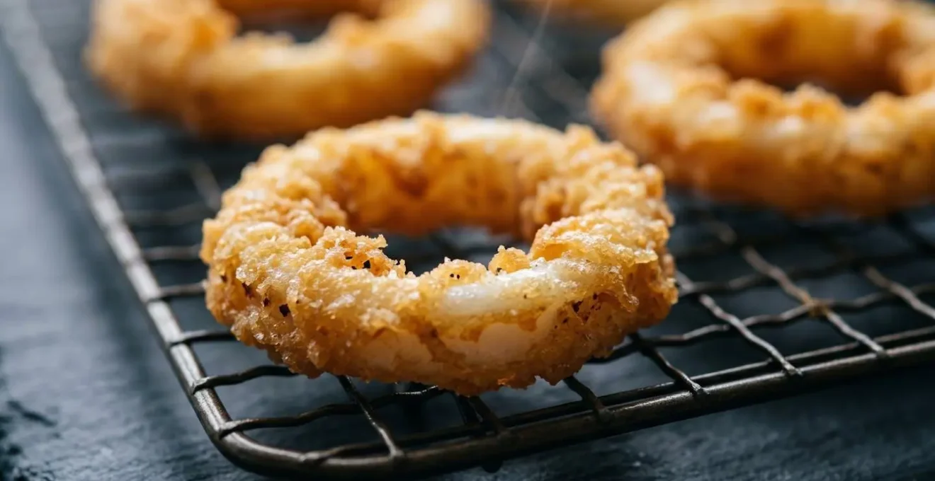 Calamars frits dorés sur une grille avec vapeur s'échappant montrant la technique de maintien du croustillant