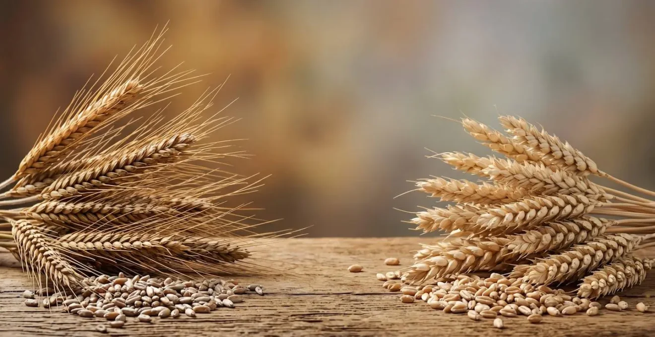 Composition minimaliste présentant des épis de seigle et de blé sur surface naturelle avec éclairage doux révélant les textures des grains